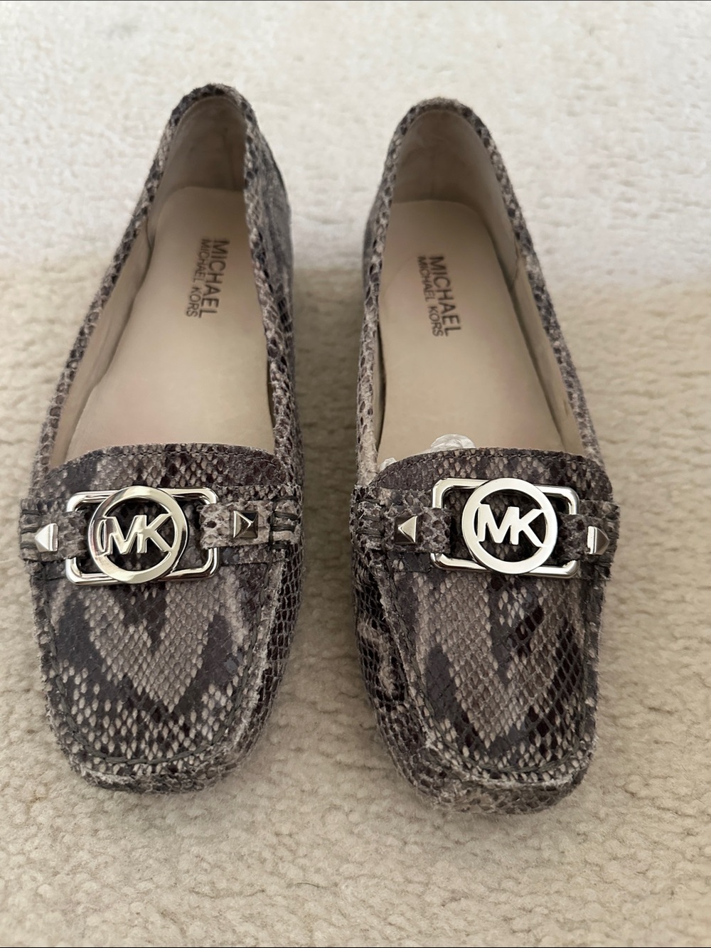 MICHAEL Michael Kors Snake-Print Loafers in Grey and Taupe